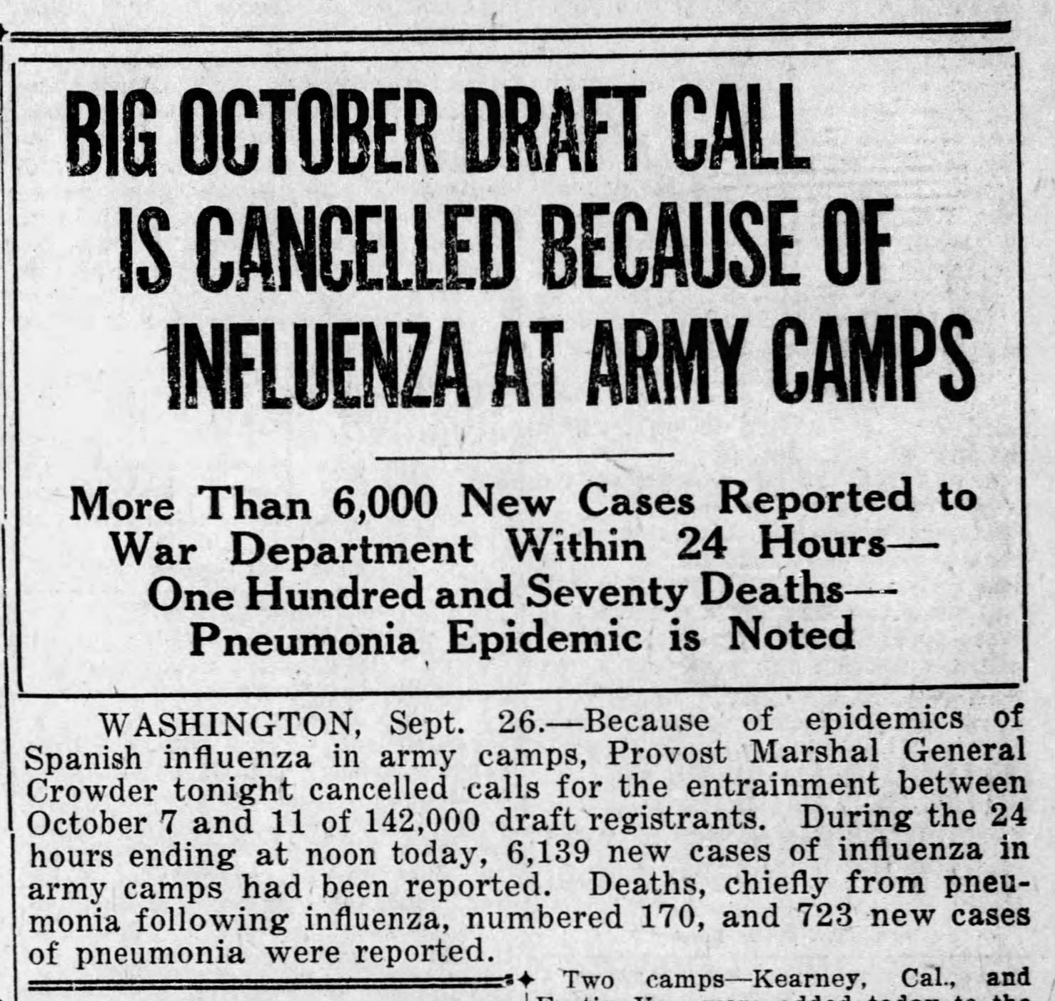 Big October draft call is cancelled because of influenza at Army camps